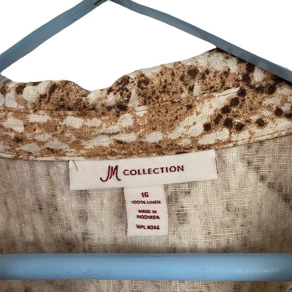 JM Collection‎ Tan Brown 100% Linen Snake Print Lightweight Button Shirt Size 16 - Picture 4 of 9